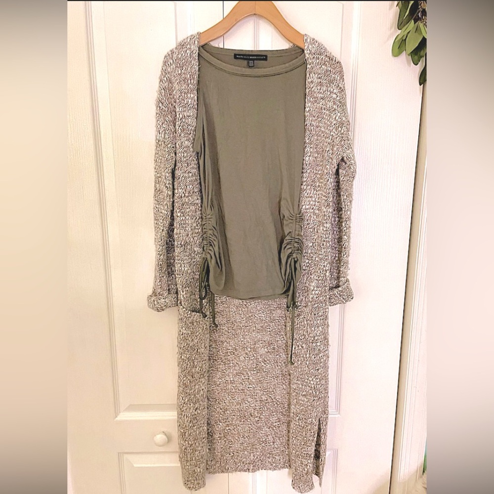 White House Black Market Green Ruched Tank Top + Tan / White Long Sweater Duster